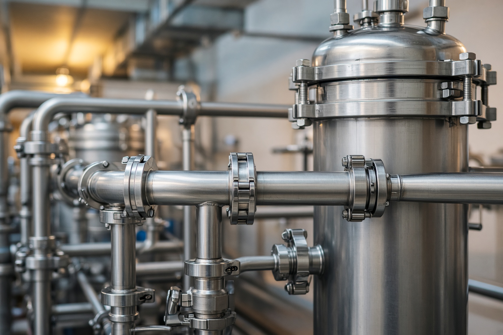 Sanitary stainless piping and tri-clamp fittings on a closed-loop extractor
